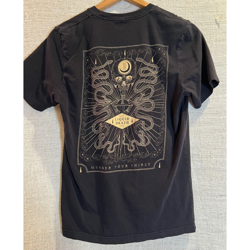 Liquid Death Murder Your Thirst Black Graphic T-Shirt Skull Snakes Daggers Large